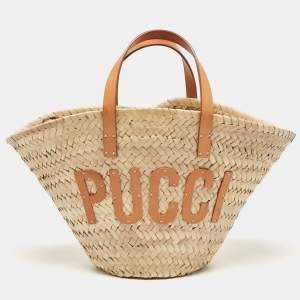 Emilio Pucci Tan/Natural Raffia and Leather Small Logo Basket Bag