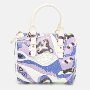 Emilio Pucci White/Multicolor Coated Canvas Boston Bag