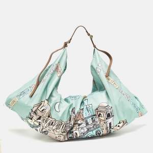 Emilio Pucci Green Piazzetta Satin and Leather Carre Hobo