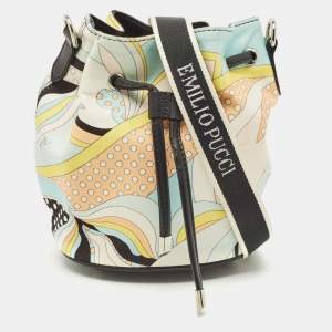 Emilio Pucci Multicolor Printed Satin and Leather Drawstring Bucket Bag