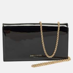 Pre Owned Emilio Pucci Black Patent Leather Flap Wallet On Chain