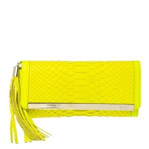 Emilio Pucci Neon Green Python and Leather Metal Bar Flap Clutch