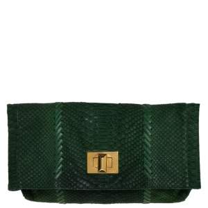 Emilio Pucci Green Python Fold Over Flap Clutch 