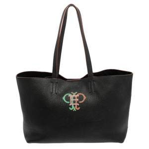 Emilio Pucci Black Grained Leather Printed Shopper Tote