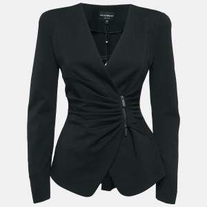 Pre Owned Emporio Armani Black Jersey Pleated Zip-Up Blazer S