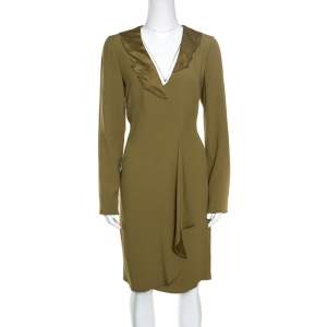 Pre Owned Emporio Armani Olive Green Flutter Front Long Sleeve Tunic Dress L