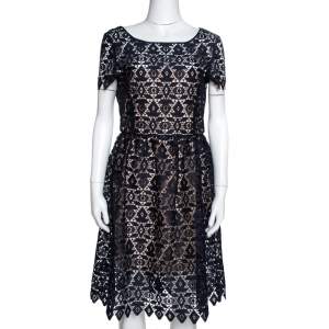 Pre Owned Emporio Armani Navy Blue Guipure Lace Overlay Sheath Dress M