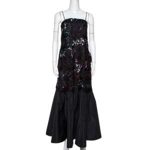 Emporio Armani Black Printed Satin & Lace Overlay Maxi Dress S