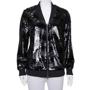 Pre Owned Emporio Armani Black Synthetic Sequin Embellished Bomber Jacket M