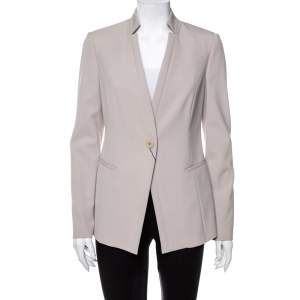 Pre Owned Emporio Armani Beige Textured Crepe Button Front Stand Collar Blazer M