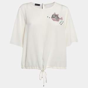 Emporio Armani Off White Embellished Silk Short Sleeve Blouse L