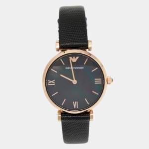Emporio Armani Black Mother Of Pearl Gold PVD Coated Stainless Steel Embossed Leather Gianni T-Bar AR11060 Women's Wristwatch 32 mm