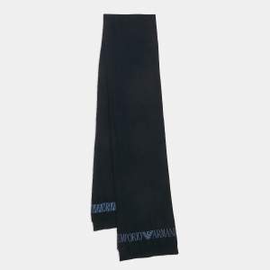Emporio Armani Navy Blue Rib Knit Logo Intarsia Scarf
