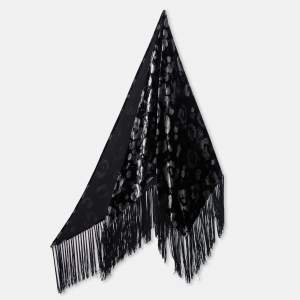 Emporio Armani Black Animal Print Velvet Fringed Triangle Scarf