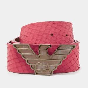 Emporio Armani Pink Python Embossed Leather Eagle Buckle Belt 95 CM