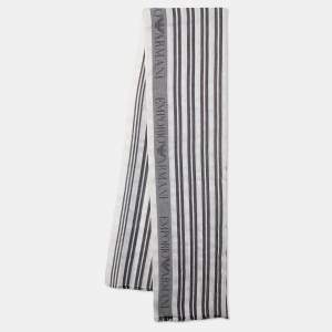 Pre Owned Emporio Armani White Striped Cottom & Linen Scarf