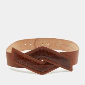 Pre Owned Emporio Armani Brown Croc Embossed and Leather Waist Belt Size 42