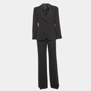 Pre Owned Emporio Armani Black Pinstripe Wool Blend Pant Suit L