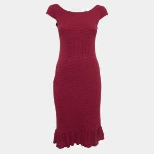 Pre Owned Emporio Armani Red Textured Knit Flounce Mini Dress S