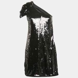 Pre Owned Emporio Armani Black Sequined Mesh One-Shoulder Mini Dress M
