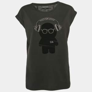 Pre Owned Emporio Armani Black Teddy and Rhinestone Embellished Jersey T-Shirt S