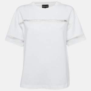 Emporio Armani White Cotton Logo Lace Trimmed T-Shirt M