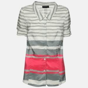 Pre Owned Emporio Armani Grey/Pink Striped Silk Top M