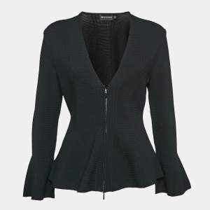 Pre Owned Emporio Armani Black Textured Knit Zip-Up Cardigan S