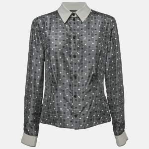 Emporio Armani Grey Dots and Checks Print Silk Pleated Shirt L