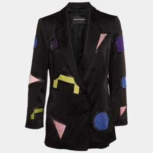 Pre Owned Emporio Armani Black Satin Embellished Patch Detail Blazer M