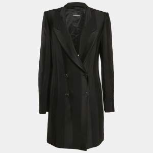 Emporio Armani Black Stripe Wool Blend Double Breasted Mid-Length Coat XL
