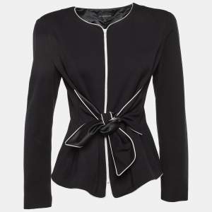 Pre Owned Emporio Armani Black Knit Tie Front Zip Up Jacket XL