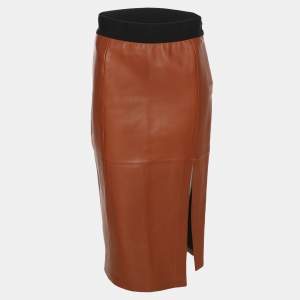 Pre Owned Emporio Armani Brown Lambskin Leather Midi Skirt S