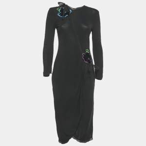 Pre Owned Emporio Armani Black Floral Patch Jersey Midi Dress M