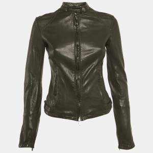 Pre Owned Emporio Armani Black Lamb Leather Biker Jacket S