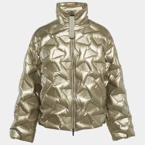Pre Owned Emporio Armani Metallic Gold Synthetic Debossed Monogram Quilted Jacket L
