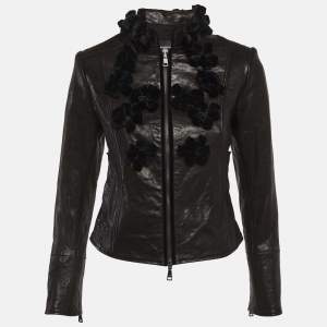 Pre Owned جاكت أمبريو أرماني جلد مخملي أسود بزخارف زهرية مقاس صغير (سمول)