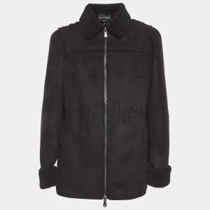 Pre Owned Emporio Armani Black Fleece Suede Zip Up Jacket M