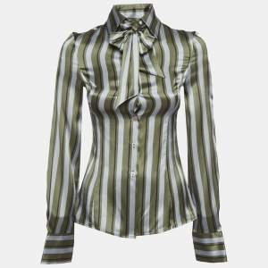 Pre Owned Emporio Armani Green/Grey Striped Silk Detachable Bow Detail Shirt S