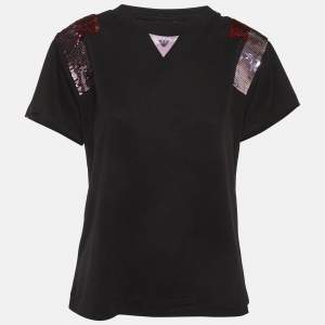 Pre Owned Emporio Armani Black Sequin Detail Jersey T-Shirt M