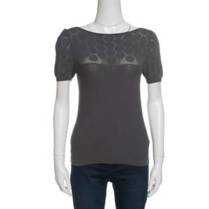 Pre Owned Emporio Armani Grey Knit Perforated Bodice Detail Short Sleeve Top S