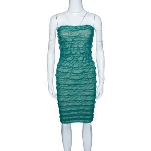 Pre Owned Emporio Armani Green Puckered Mesh Applique Detail Tube Dress M
