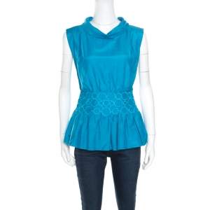 Pre Owned Emporio Armani Blue Embroidered Cotton and Silk Sleeveless Peplum Top  S