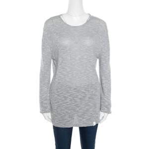 Pre Owned Emporio Armani Grey and White Knit Crew Neck Sweater XL