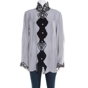 Emporio Armani Pearl Grey Silk Contrast Scalloped Lace Trim Flared Sleeve Shirt L