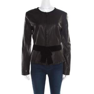 Pre Owned Emporio Armani Black Leather Velvet Bow Detail Biker Jacket M