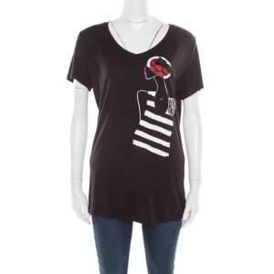 Pre Owned Emporio Armani Black Sequined Applique Detail Lady Motif V-neck T-Shirt L