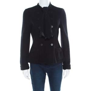 Pre Owned Emporio Armani Black Felted Wool Bow Detail Double Breasted Short Coat M