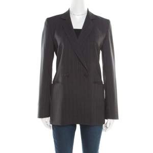 Pre Owned Emporio Armani Grey Striped Wool Double Breasted Blazer M