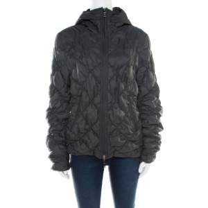 Pre Owned Emporio Armani Olive Green Ruched Diamond Quilted Contrast Piping Hooded Jacket M